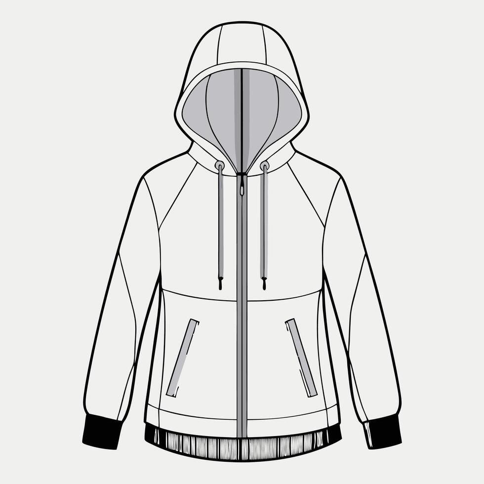 a white hoodie with a zipper and hood vector