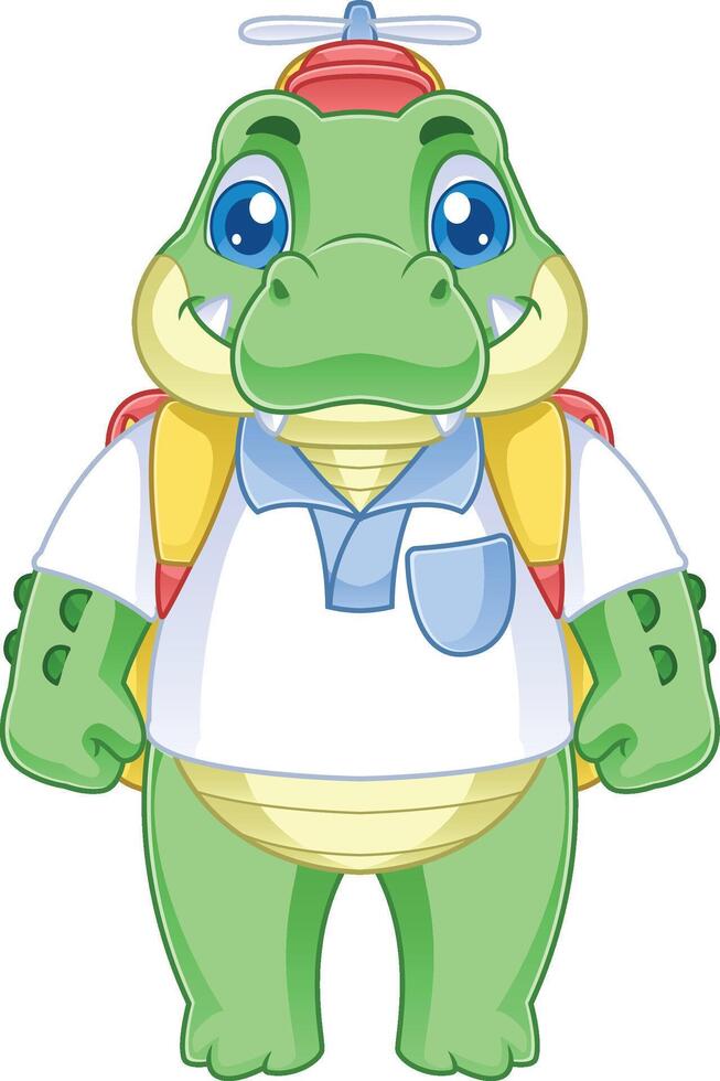 cute friendly crocodile cartoon character with propeller hat and carrying bag facing forward vector