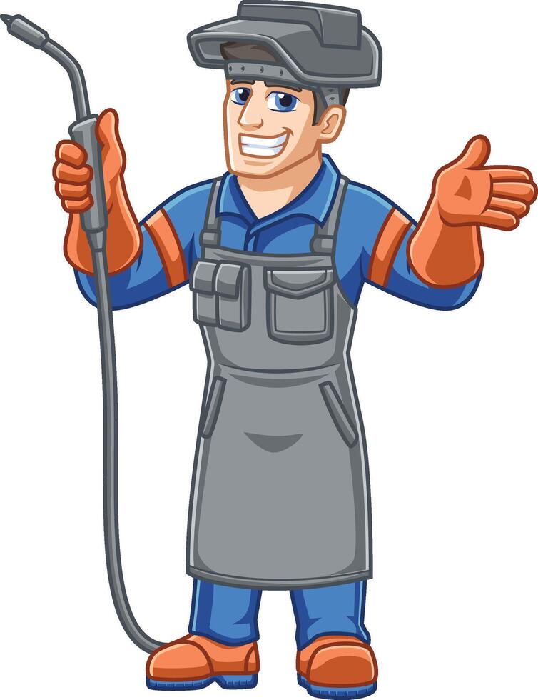 friendly steelworker male cartoon character in safety suit holding welding tool vector