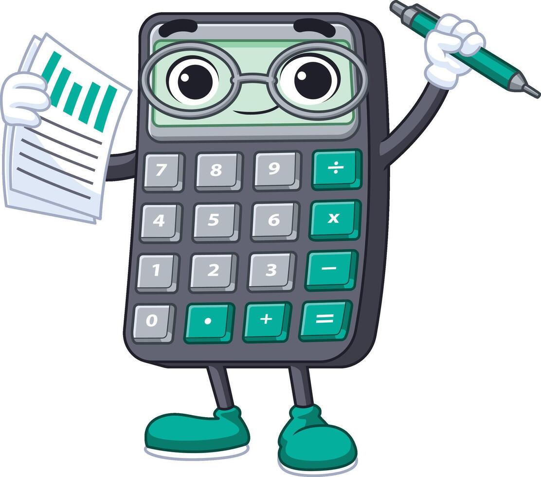 friendly calculator cartoon character holding pen and paper vector
