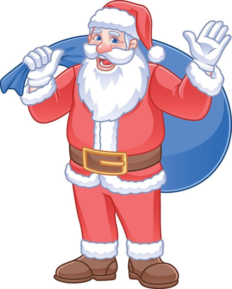 Friendly Santa Claus cartoon character carrying a sack of gifts and waving goodbye vector