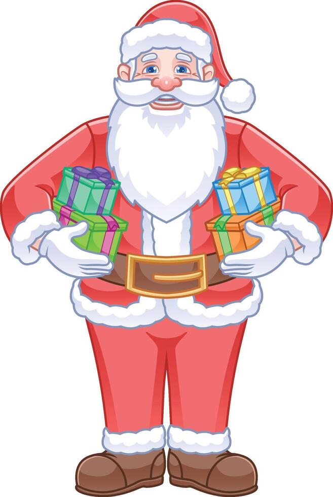 friendly santa claus cartoon character with lots of gifts in his hands vector