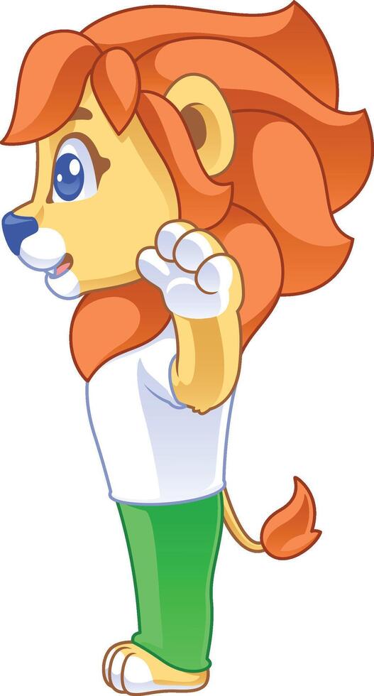 cute friendly lion cartoon character raising both hands facing sideways vector