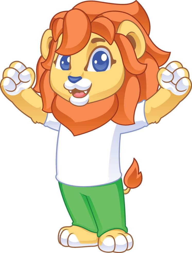cute friendly lion cartoon character clenching both hands up vector