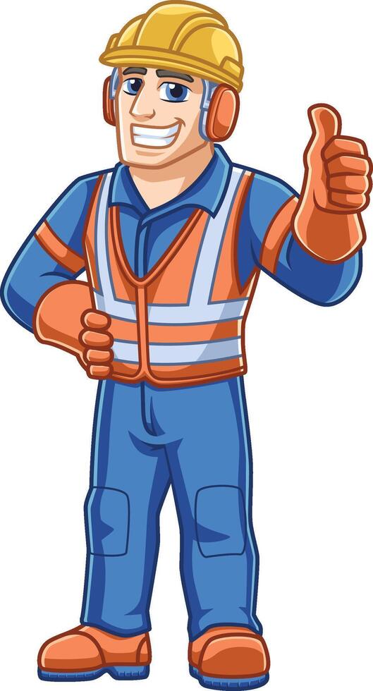 friendly steelworker male cartoon character in safety suit giving thumbs up vector