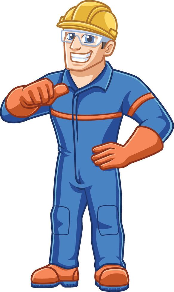 friendly steelworker cartoon character in safety suit pointing at himself vector