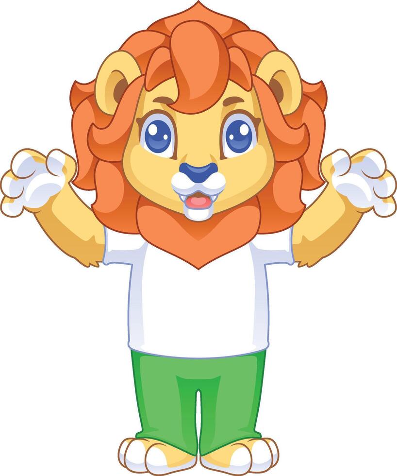 cute friendly lion cartoon character raising both hands about to pounce vector