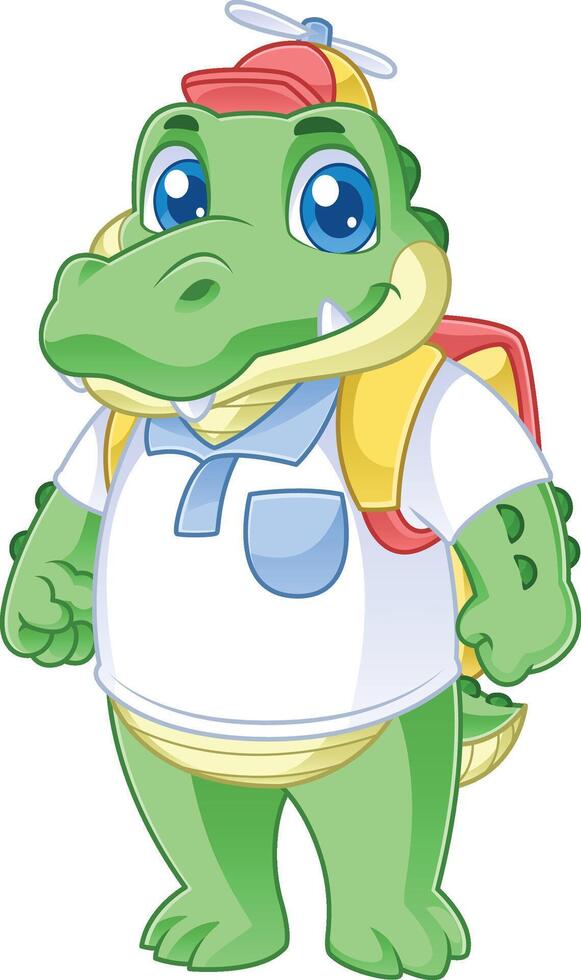 cute friendly crocodile cartoon character with propeller hat and carrying bag vector