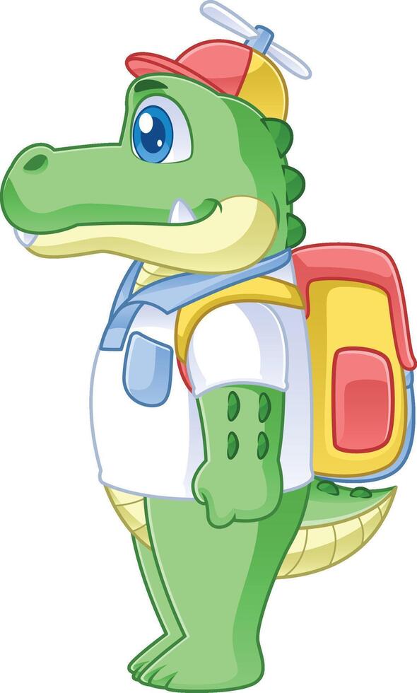 cute friendly crocodile cartoon character with propeller hat and carrying bag facing sideways vector