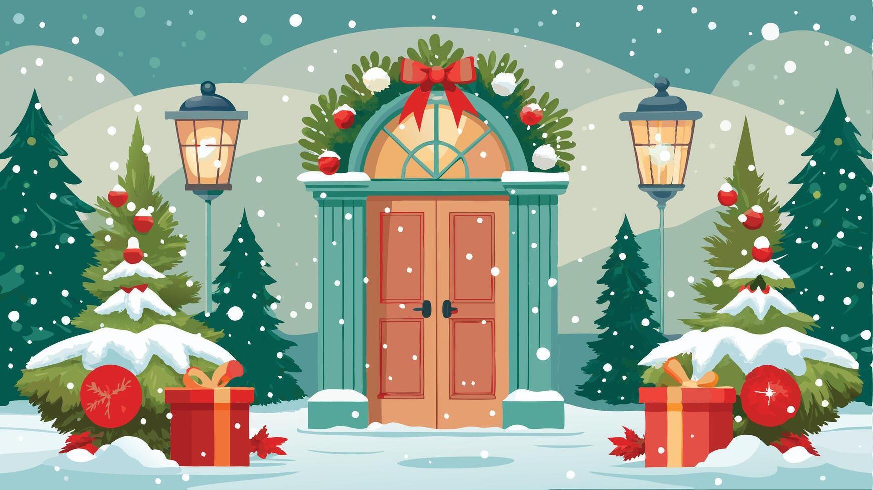 christmas door with presents and trees vector