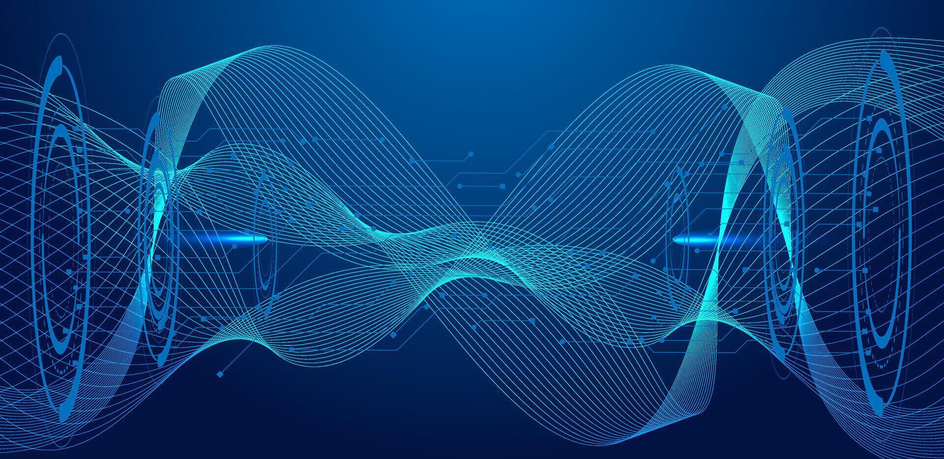 Abstract quantum computer technology. Wavy line with circuit board blue background vector