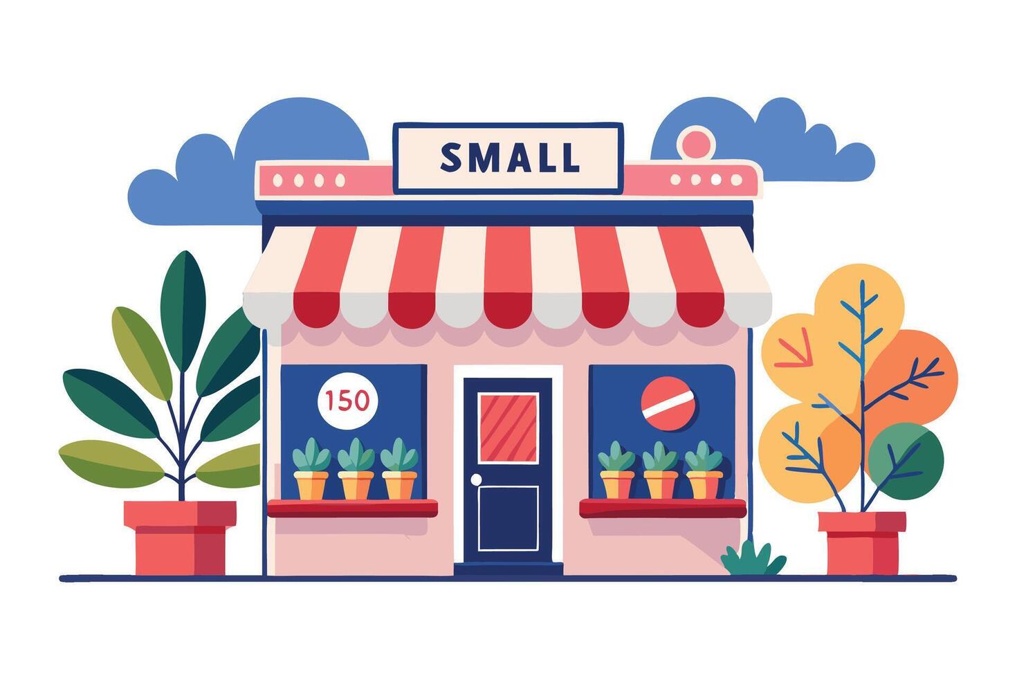 small shop front with awning and plants vector