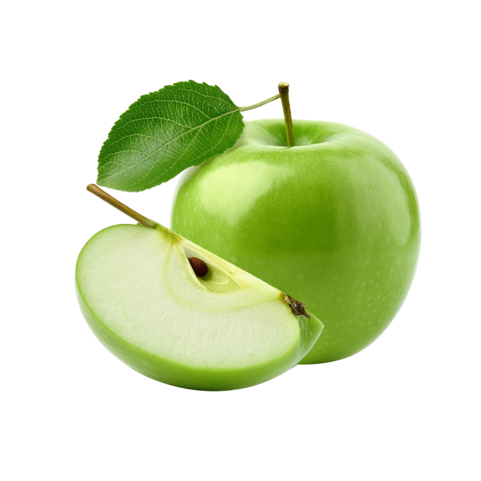 Green apple fruit with slice on transparent background png