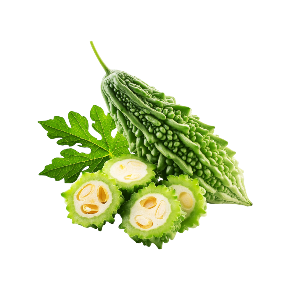 Fresh Bitter gourd with slice on transparent background png