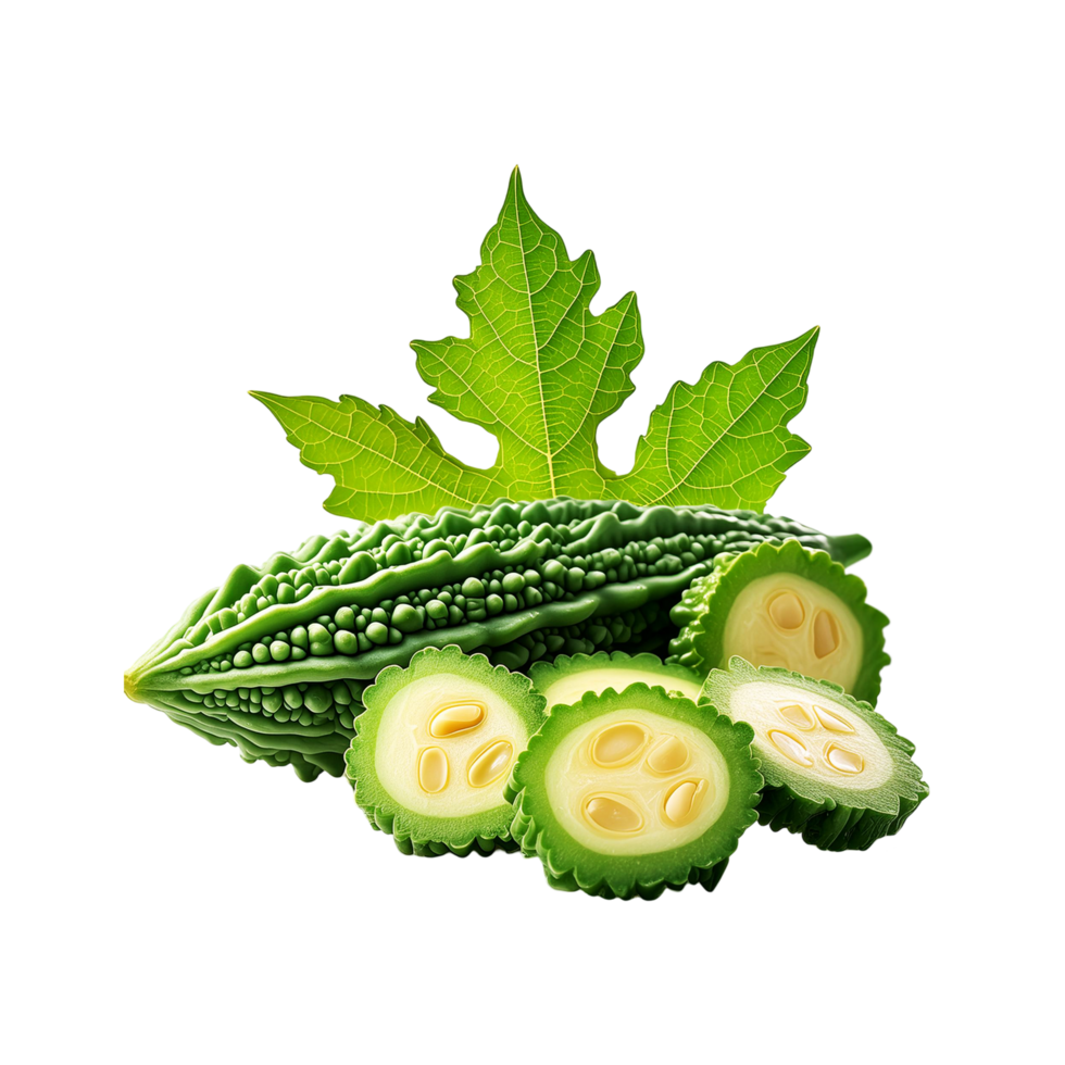 Bitter gourd vegetable with slices on transparent background png