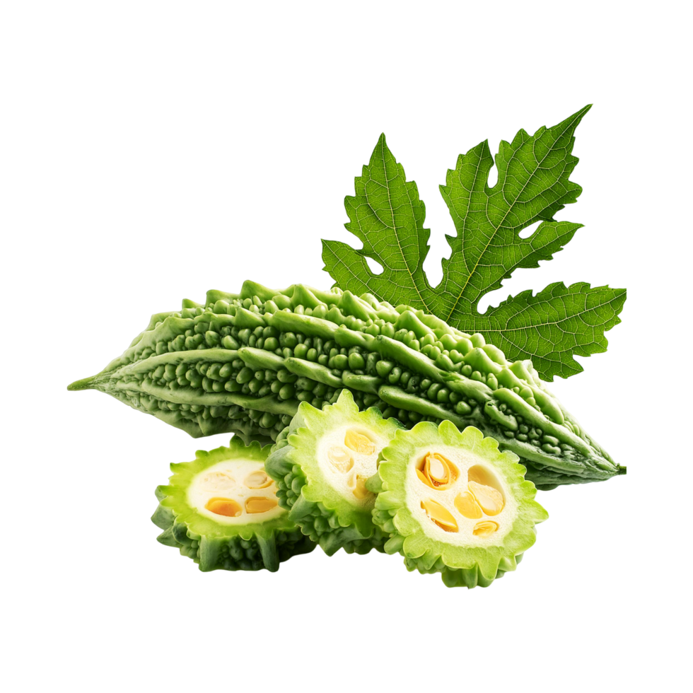 Fresh Bitter gourd vegetable with slice on transparent background png