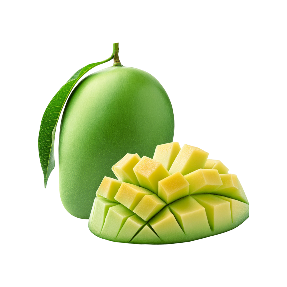 Fresh Green mango fruit with slice and leaf on transparent background png