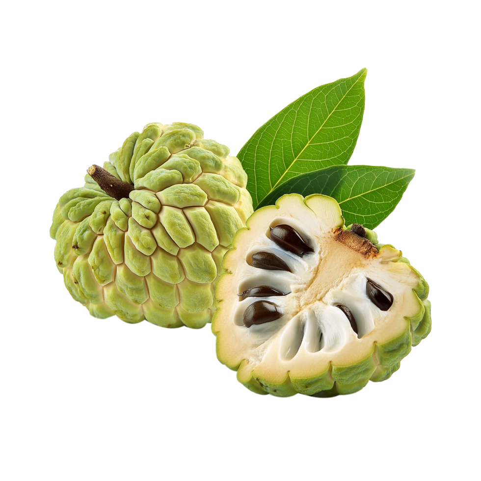 Custard apple with slice and leaf on transparent background png