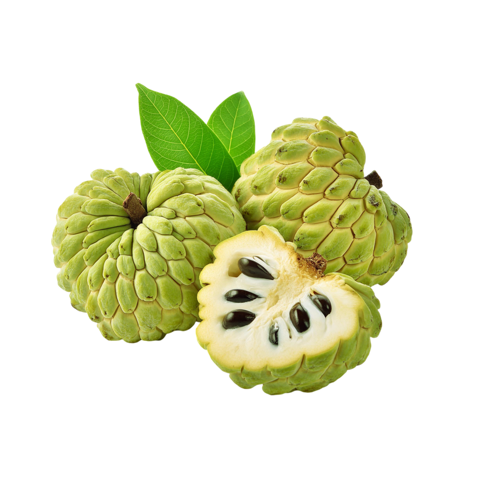 Custard apple with slices and leaf on transparent background png