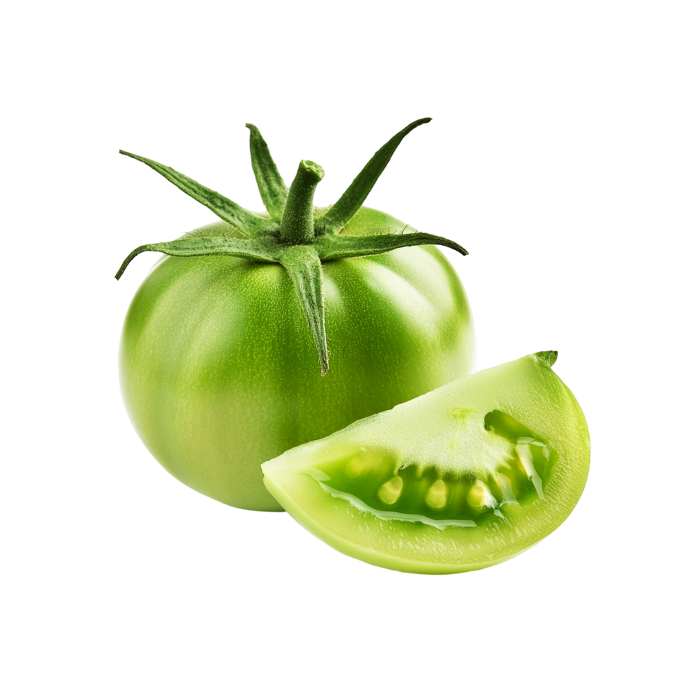 Green unripe tomato with slice on transparent background png