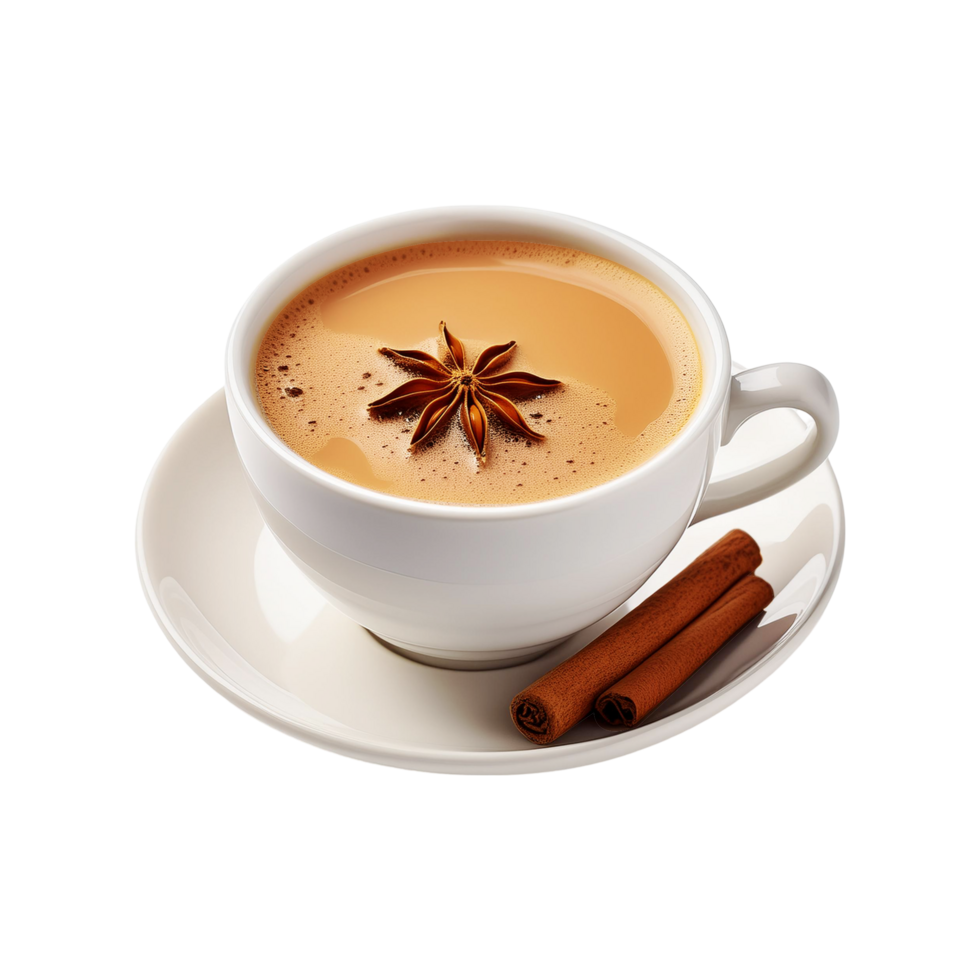 White cup of masala tea with cinnamon on transparent background png