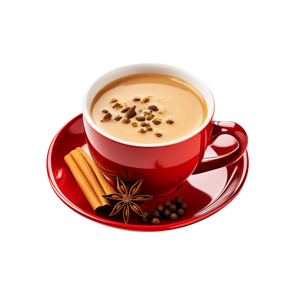 Red Cup of masala tea with cinnamon on transparent background png