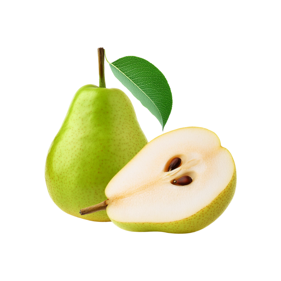 Fresh pear fruit with slice and leaf on transparent background png