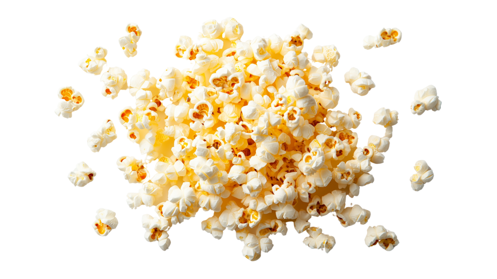Freshly popped popcorn, fluffy and golden, scattered on black background, perfect for snacking or movie nights. Enjoy delightful crunch and buttery flavor png