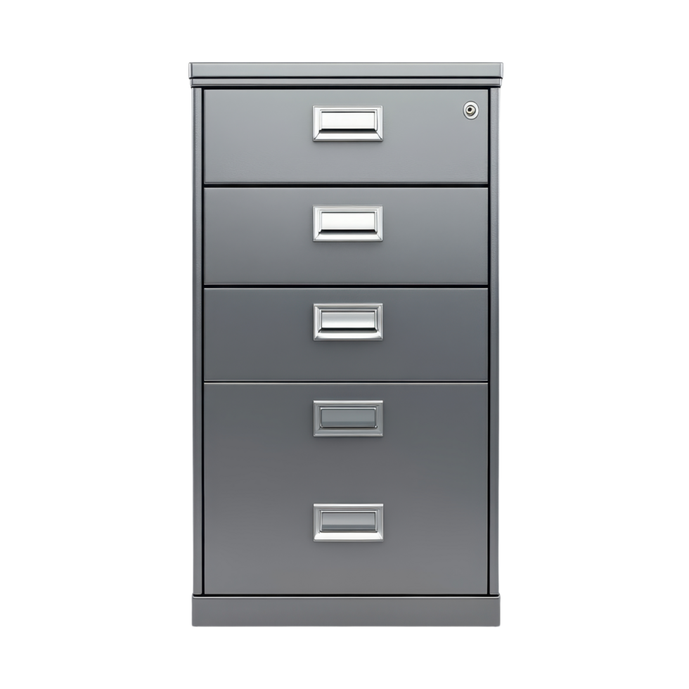 Modern metal filing cabinet with four drawers, ideal for office organization and storage. Its sleek design complements any workspace while providing ample space for documents png