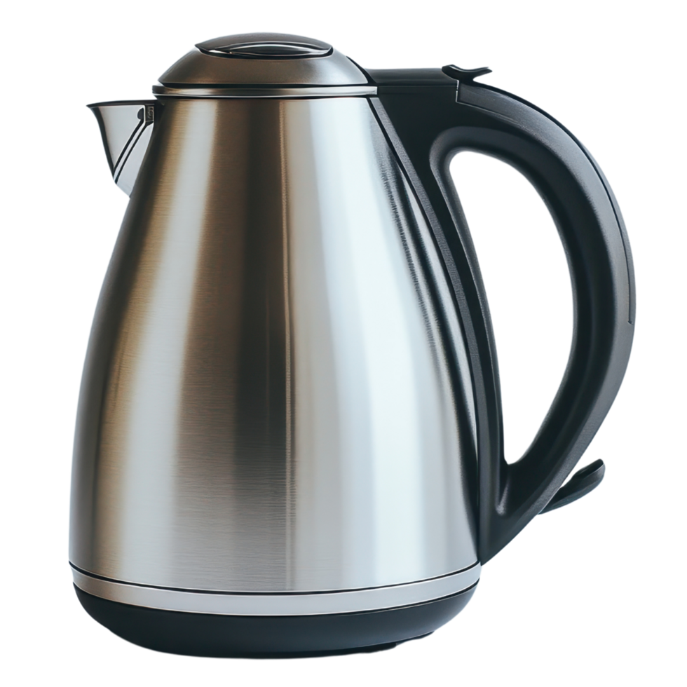 sleek stainless steel kettle with black handle, perfect for boiling water quickly and efficiently. Ideal for modern kitchens png