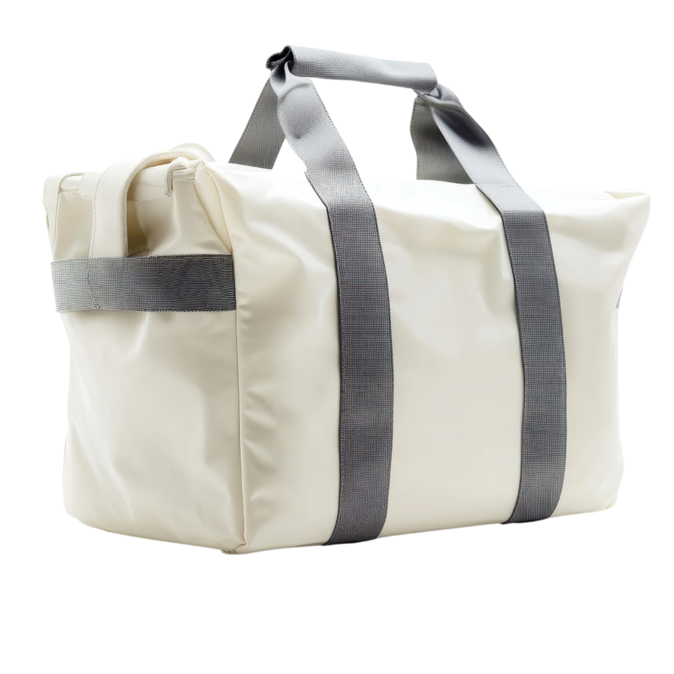 Stylish white duffel bag with gray straps, perfect for travel or gym use. This versatile bag combines functionality and modern design for everyday adventures png