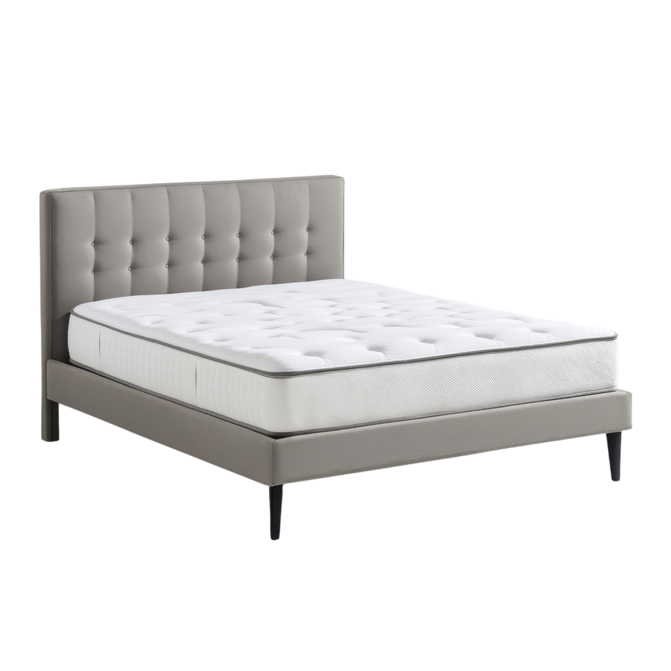 Modern upholstered bed frame with tufted headboard and mattress png
