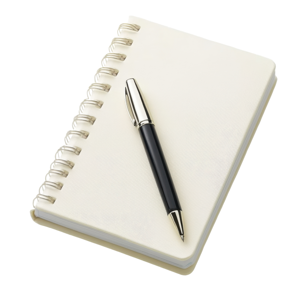 spiral bound notebook with sleek black pen resting on top, perfect for jotting down notes or ideas. Ideal for students and professionals alike png