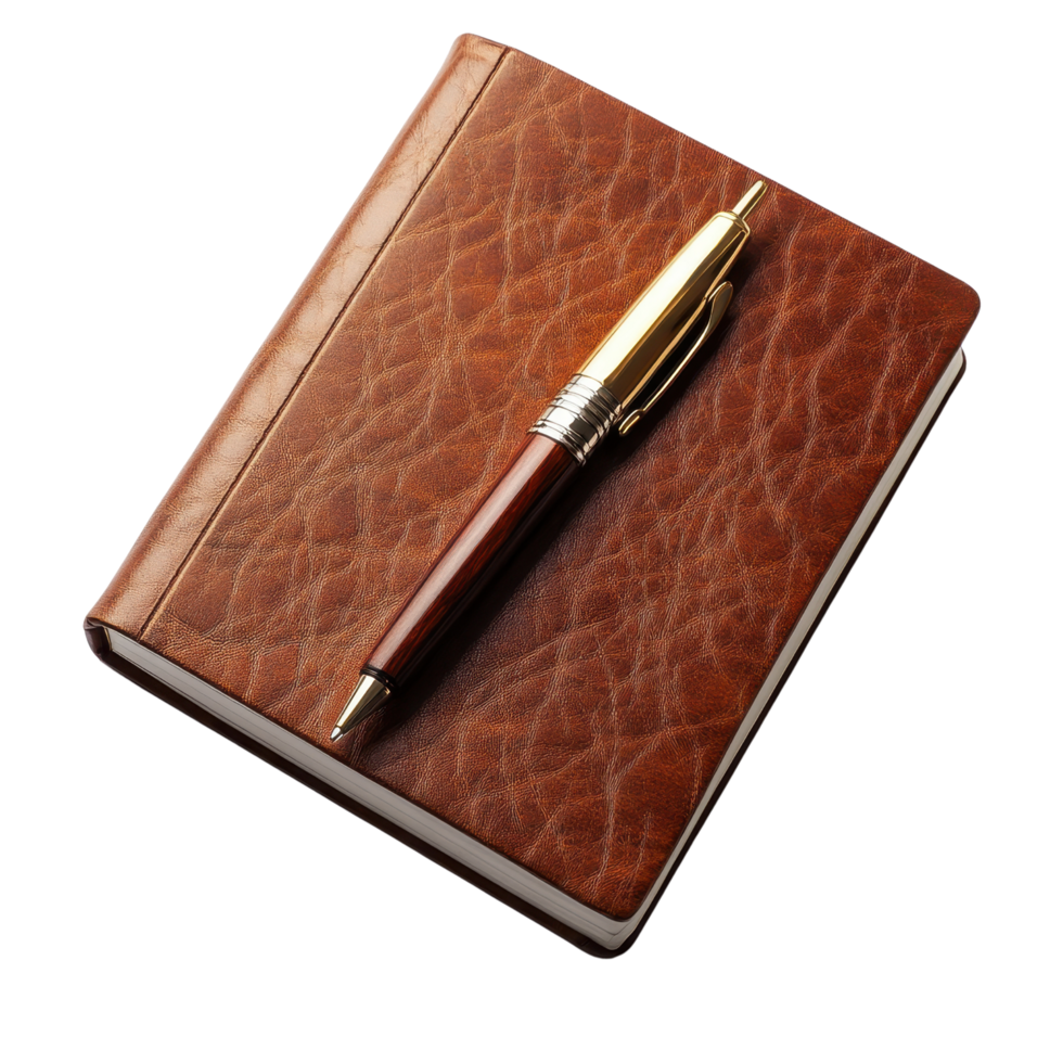 brown leather notebook with gold pen resting on top, perfect for writing notes or journaling. texture of leather adds touch of elegance and sophistication png