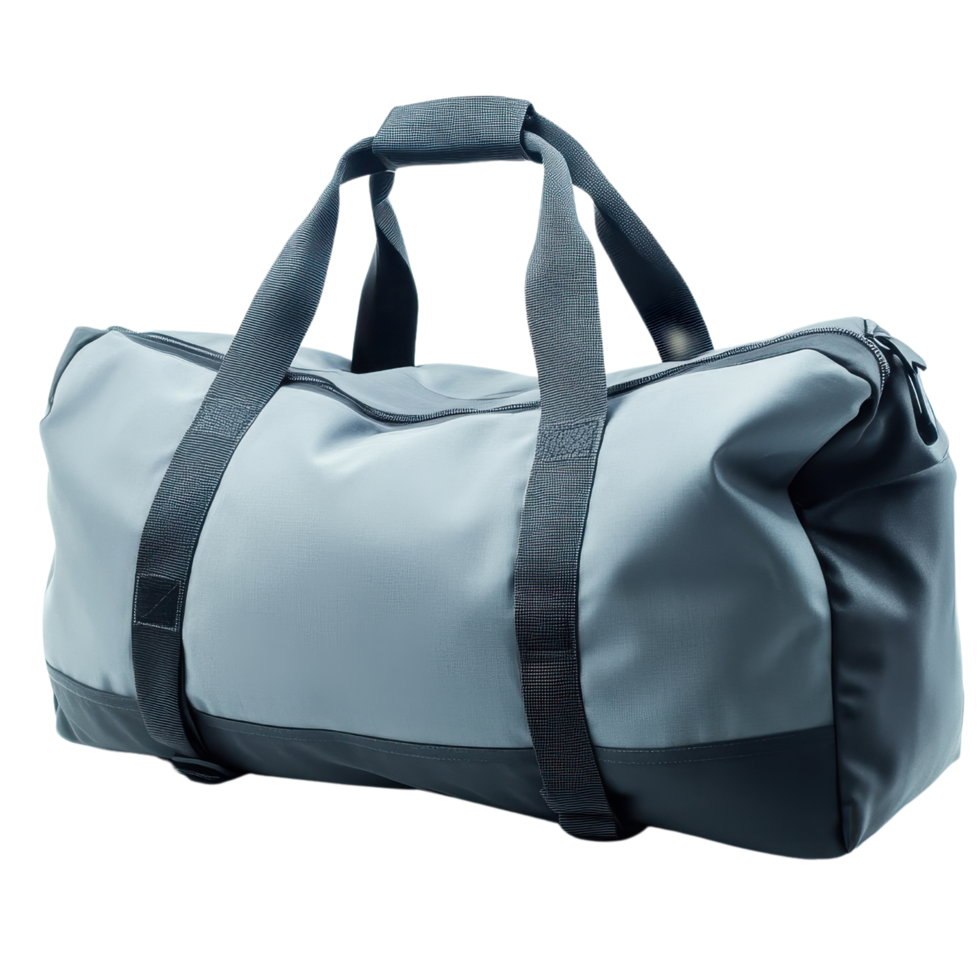 Durable gray duffel bag with sturdy handles, perfect for travel or gym use png