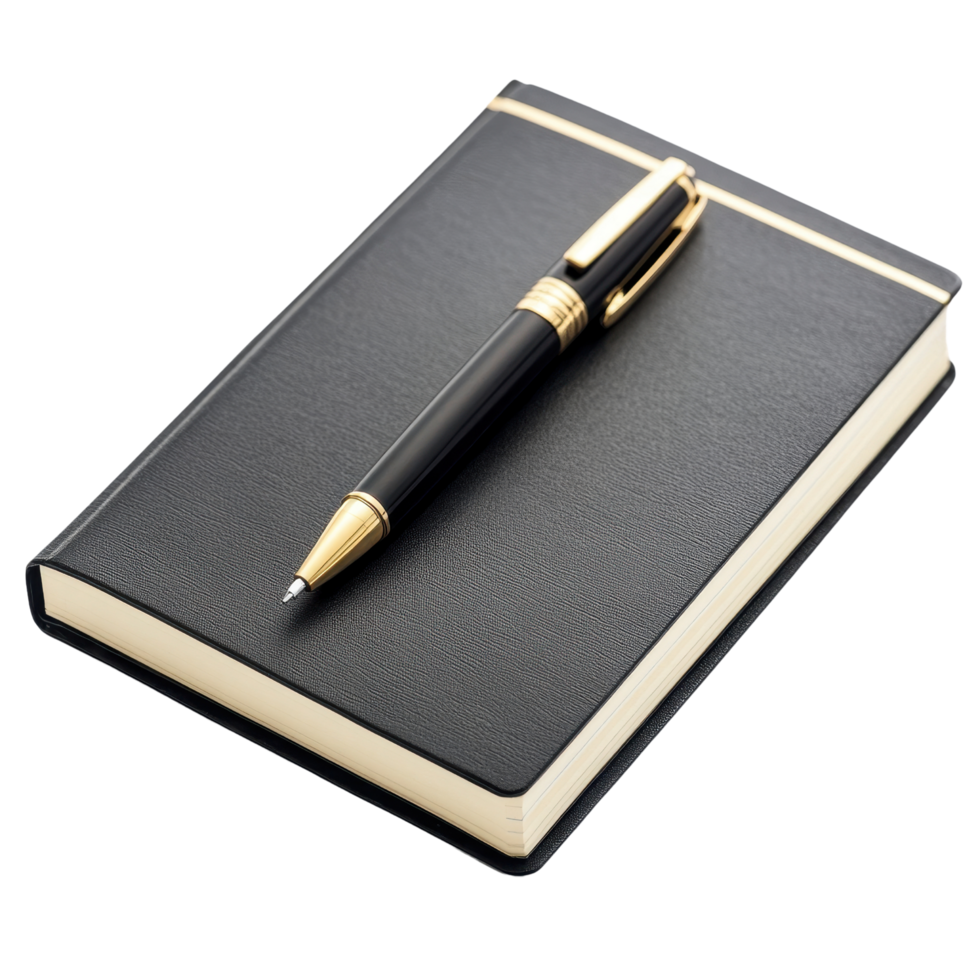 sleek black notebook with gold accented pen resting on top, perfect for jotting down thoughts or notes. Ideal for students and professionals alike png