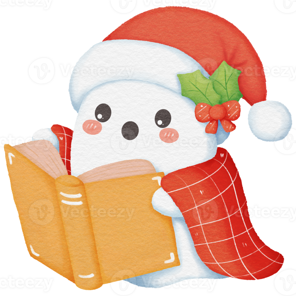Adorable Christmas ghost reading a book, an enchanting seasonal artwork perfect for cozy winter storytelling. png