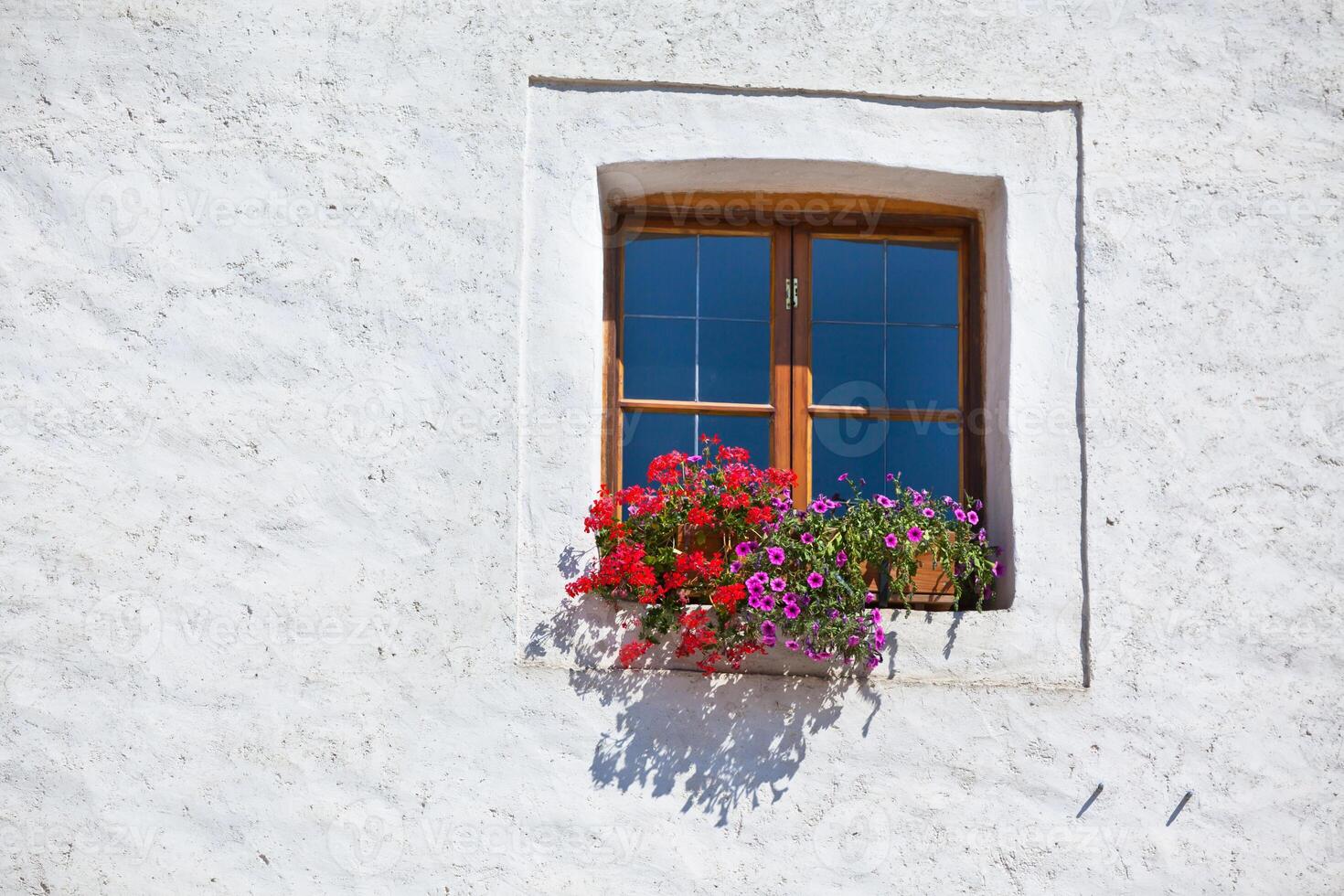 Window with colorful flowers on a white wall photo