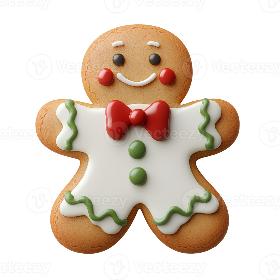 Gingerbread man cookie set . Classic holiday cookie with festive red and green icing accents on buttons and edges. Christmas gingerbread man top view . Gingerbread man cookie flat lay isolated png