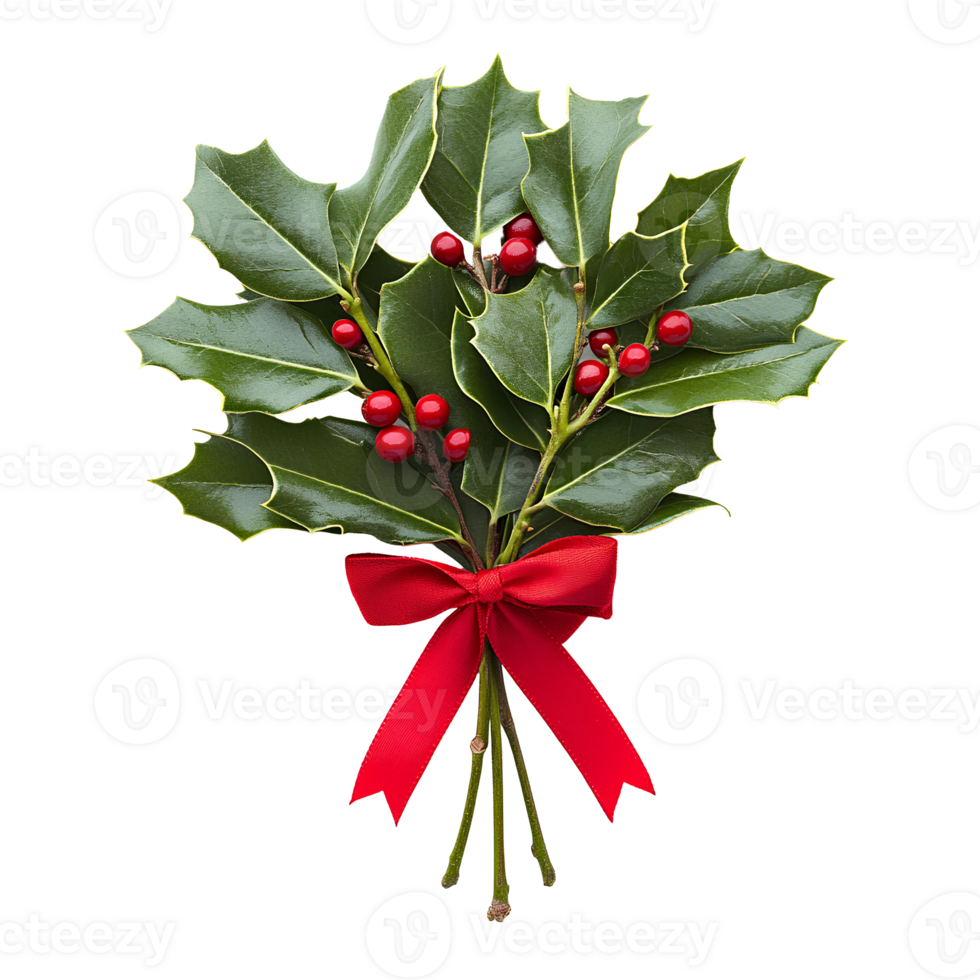 Mistletoe with red bow , top view,. Green mistletoe leaves with red berries, adorned with a festive red bow flat lay . Christmas decoration isolated png
