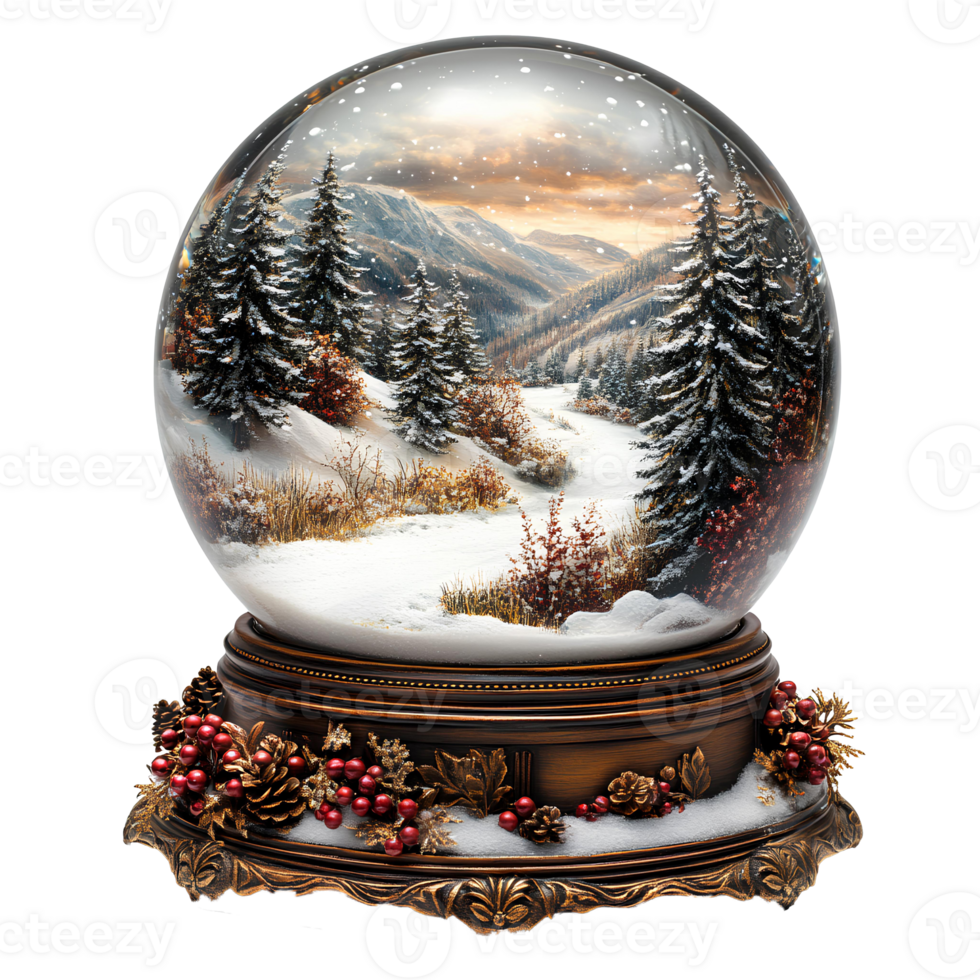 Snow globe , Festive glass globe with a winter scene inside, featuring snowflakes, a cozy village, or a Christmas tree. Snow globe isolated png