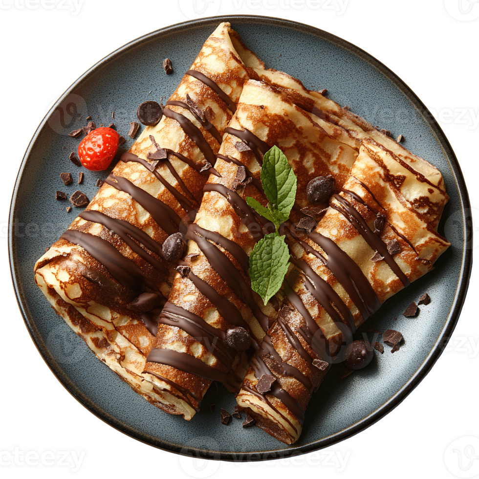 Chocolate crepes on plate top view . Pancakes with chocolate drizzle on top flat lay . Chocolate dessert full of sweets isolated. Chocolate crepe . Chocolate pancake png