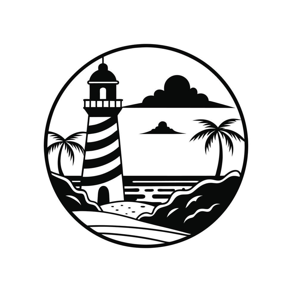 Classic Beach Scene Illustration in Monochrome vector
