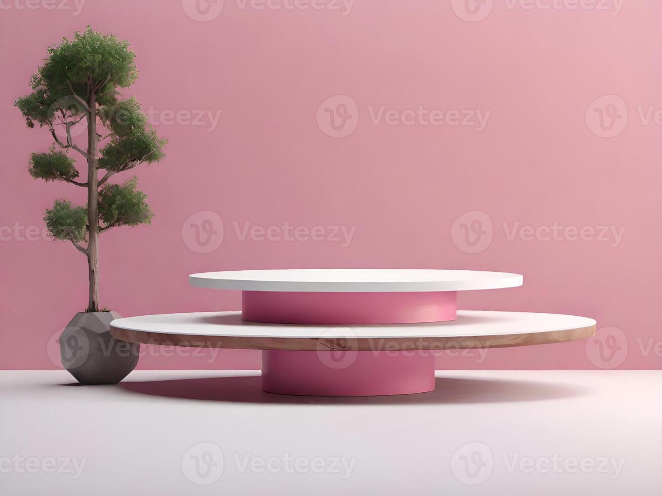 Minimalist small wooden stand with pastel pink color for displaying cute products. photo
