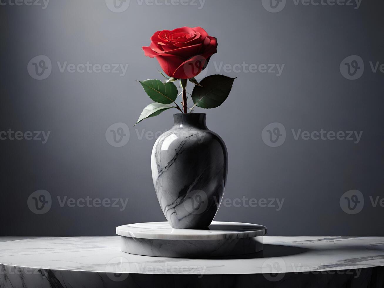 Red rose in a simple elegant gray marble vase photo