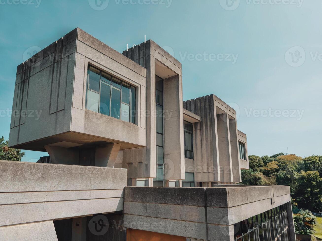A concrete building with large windows and a flat roof. photo