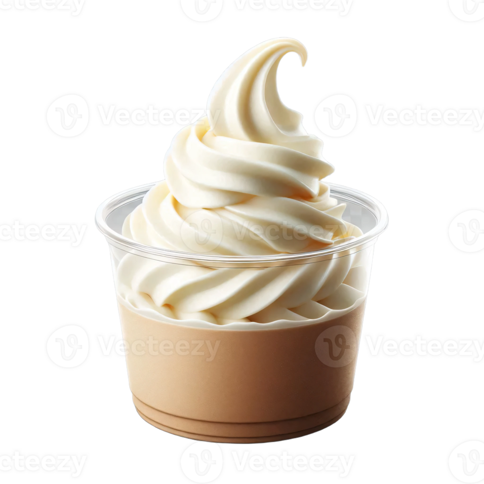 Swirl of creamy vanilla soft serve ice cream in plastic cup isolated on transparent background png