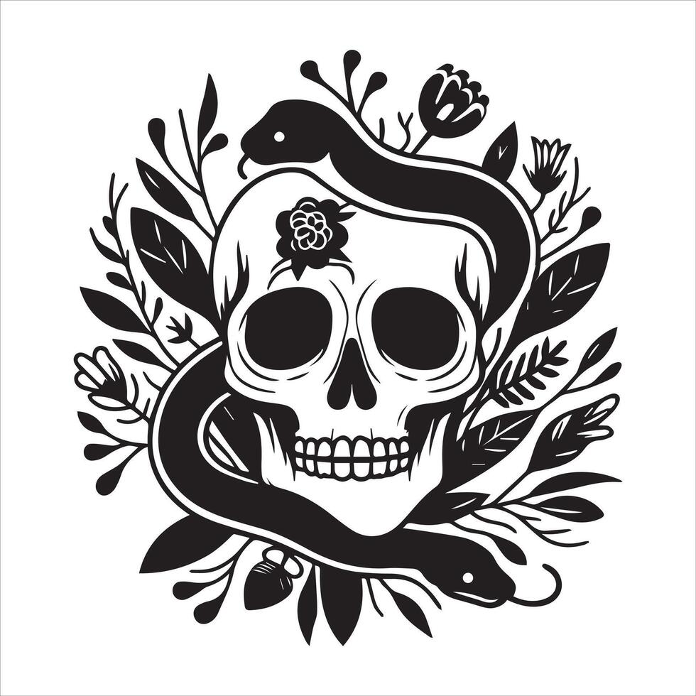 Skull and Snake in Black Isolated on White vector
