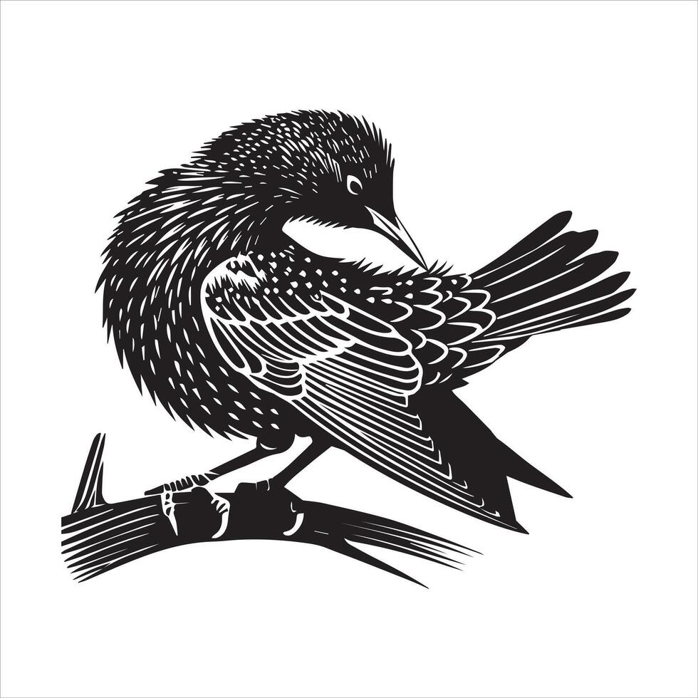 A black and white illustration of a bird sitting on a branch vector
