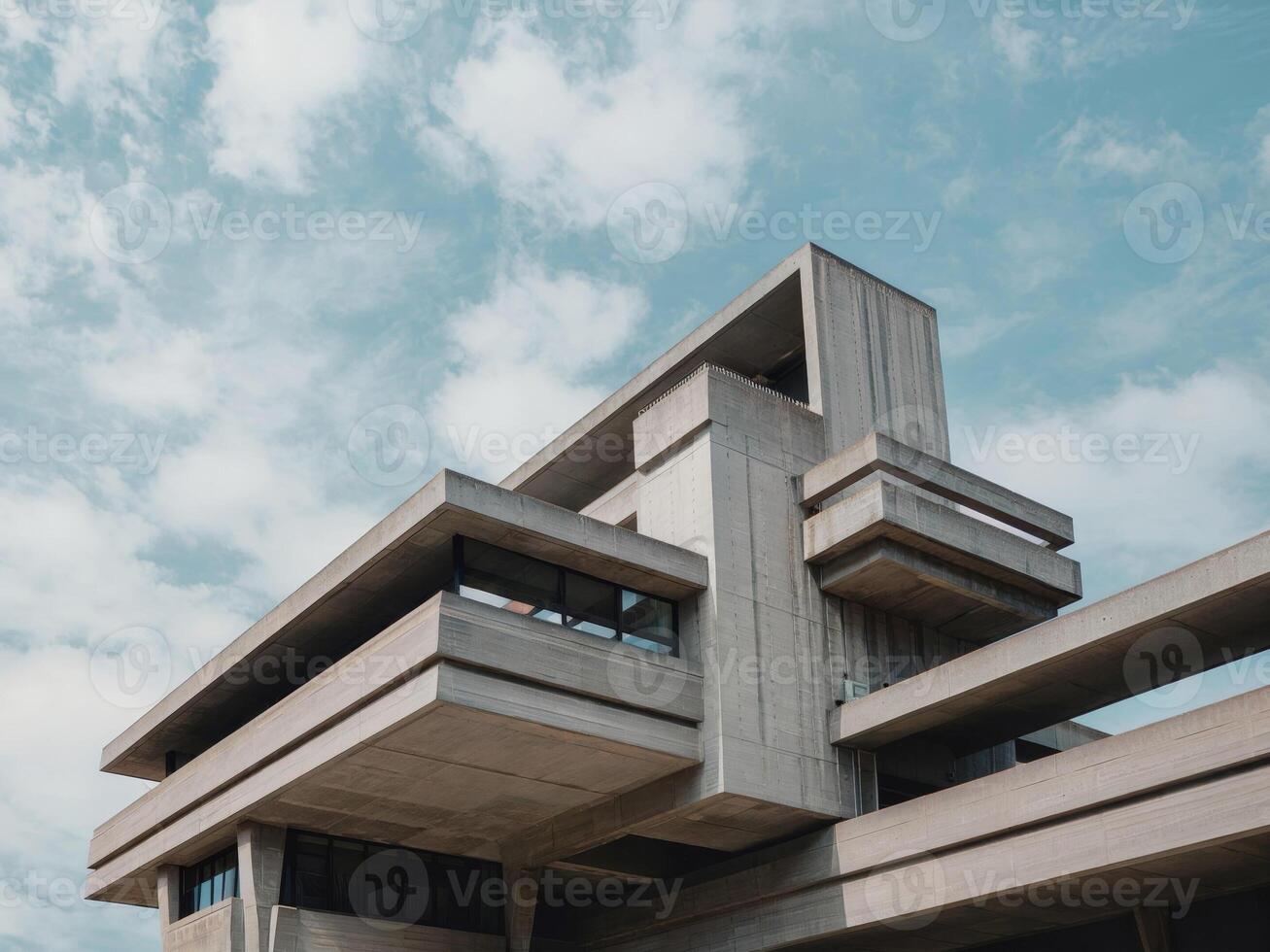 A modern, concrete building with geometric shapes and a cloudy sky.. photo